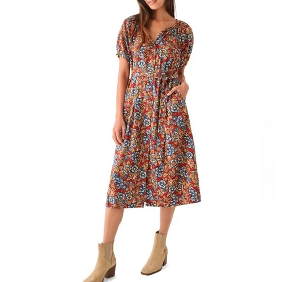 Faherty Carmel Print Linen Blend Midi Dress Size XS Tie Waist Floral Boho Pocket - Picture 1 of 15